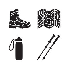 A black and white image showing a boot map water bottle and hiking poles for outdoor adventures