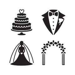 Wedding icons set featuring a cake, tuxedo, bride, and floral arch in black and white style