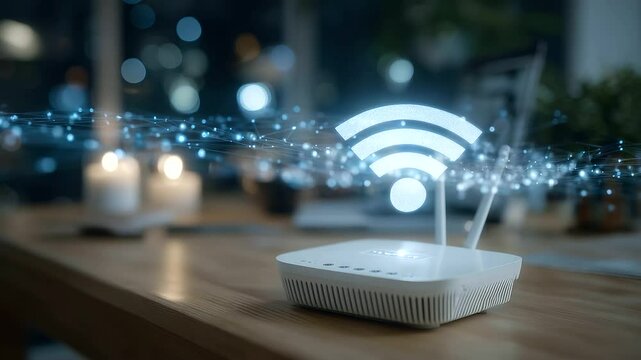 Contemporary Wi-Fi router on a wooden table with a three-dimensional glowing signal icon above, surrounded by animated graphics of data streams and connected devices, illustrating