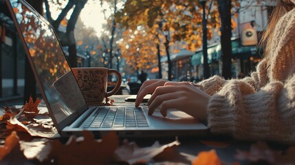 Autumnal Workspace: Hands Typing on Laptop with Coffee and Fall Foliage