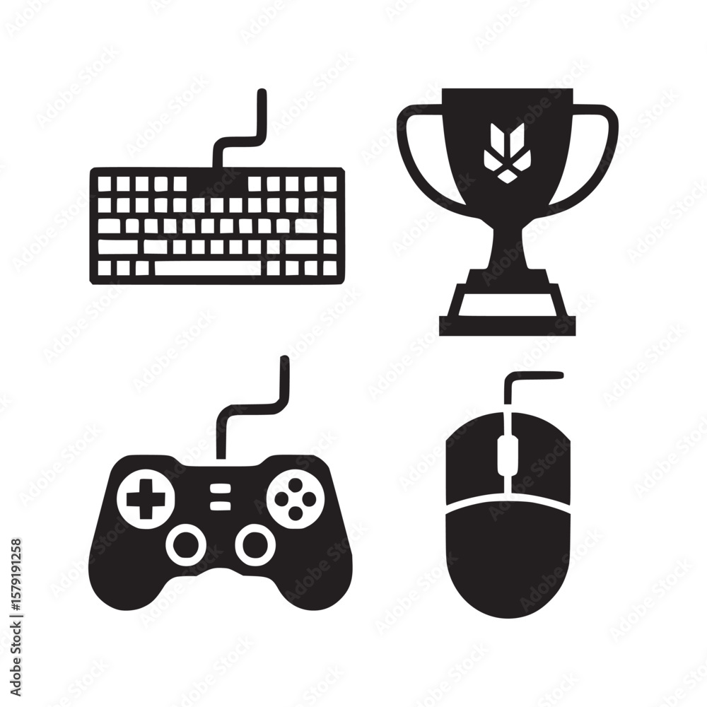 Poster black and white gaming setup icons featuring keyboard trophy controller and mouse on white backgroun