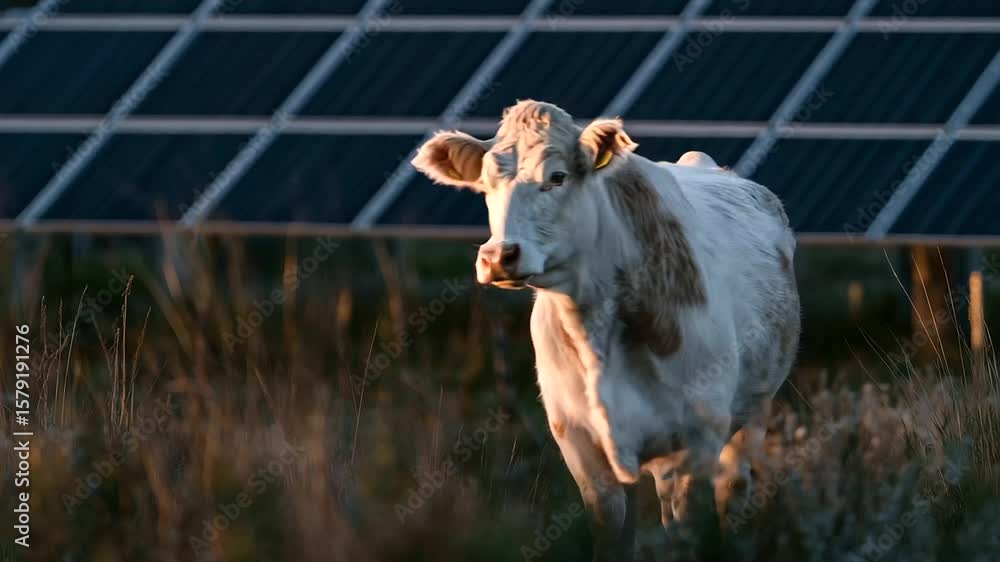 Poster cow standing between two long rows of solar panels in a large open field, sun rays illuminating both