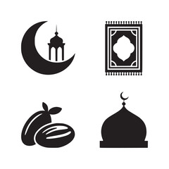 A collection of islamic symbols including a crescent moon, dates, a prayer rug and a mosque dome design