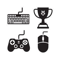 Black and white gaming setup icons featuring keyboard trophy controller and mouse on white background