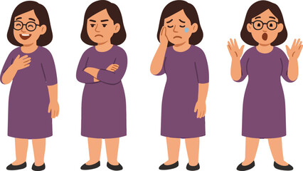 Woman Character Set with Different Emotions – Vector Illustration