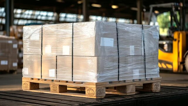 Crate-sized boxes tightly bundled on a pallet with stretch film and corner protectors, illuminated by natural light filtering through high warehouse windows