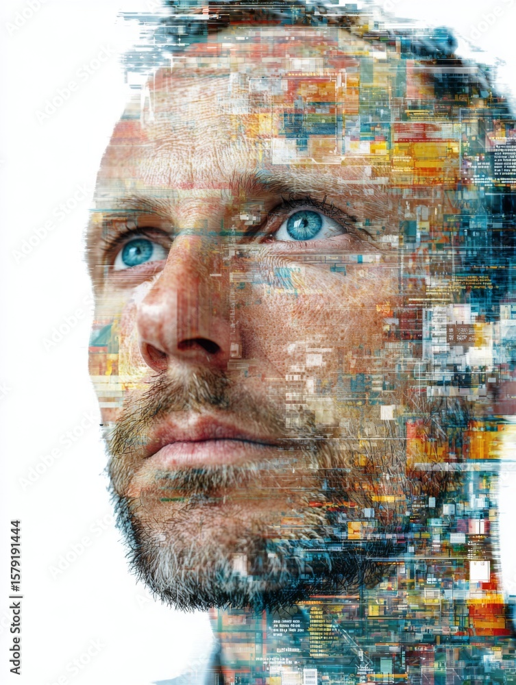 Poster entrepreneur's face merging with digital data stream illustrating innovation and technology concepts