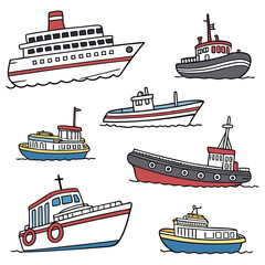 Collection various ships isolated on white background in a flat style. Water transport illustrations for design.