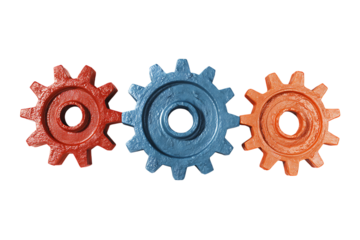 Three interconnected gears, red, blue, and orange.