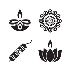 Four diwali themed black and white icons featuring diya lamps flower and firecracker designs in a square layout