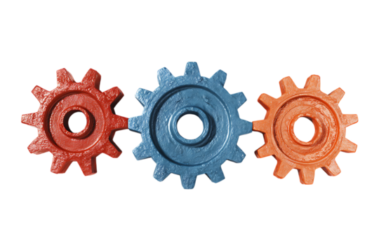 Three interconnected gears, red, blue, and orange.