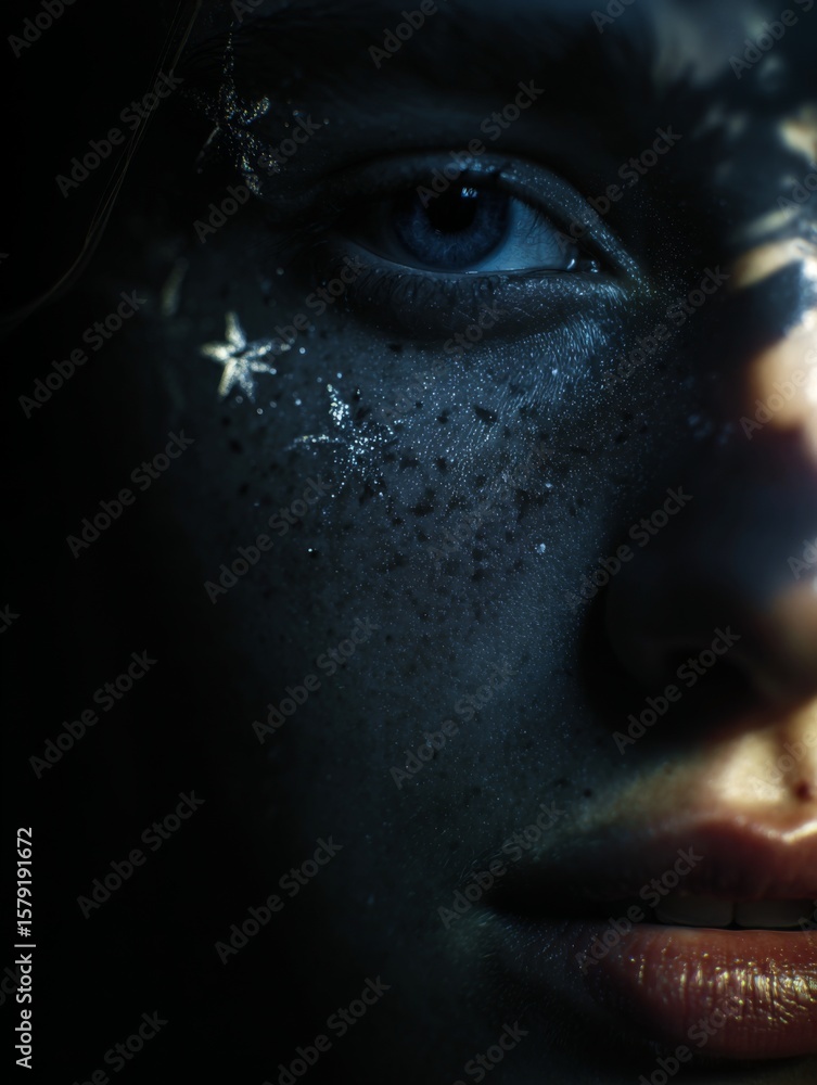 Aufkleber mysterious face emerging from shadows with glowing stars accentuating features and enigmatic depth i