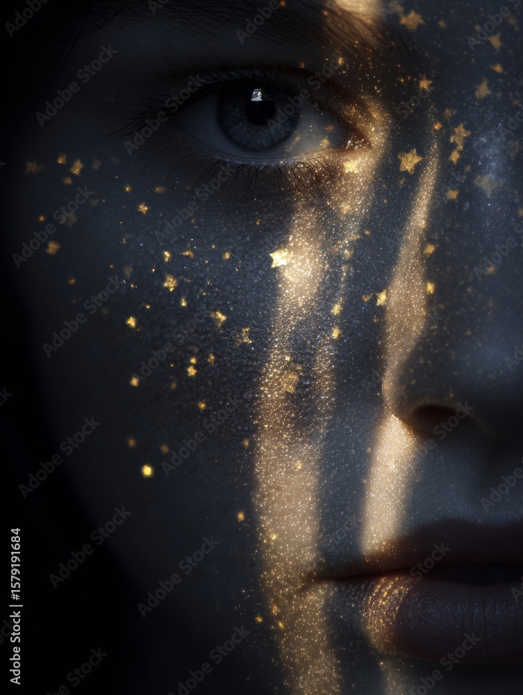 Aufkleber half face in shadow with glowing stars and soft light emphasizing eyes and cheeks in a dreamy compos