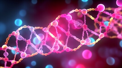 A complex 3D particle system forming a DNA strand, with multicolored spheres representing molecular interactions, bright cyan, pink, and gold lighting effects.