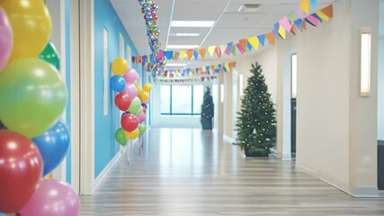 Festive hallway with colorful balloons, decorative pennants, and a Christmas tree, cheerful vibes - Powered by Adobe