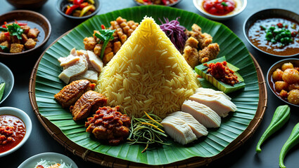 top view of traditional Indonesian "nasi tumpeng", cone-shaped yellow rice with assorted side dishes such as chicken, tempeh, sambal, vegetables, arranged beautifully on banana leaf platter