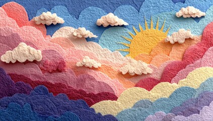 Soft - toned cut - paper style background of clouds, sun rays and waves for a relaxing and happy feel, great for various uses.