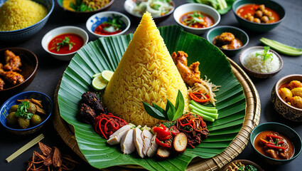 top view of traditional Indonesian "nasi tumpeng", cone-shaped yellow rice with assorted side dishes such as chicken, tempeh, sambal, vegetables, arranged beautifully on banana leaf platter