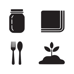 Illustration of a mason jar napkin fork spoon and small plant on a white background in black silhouette