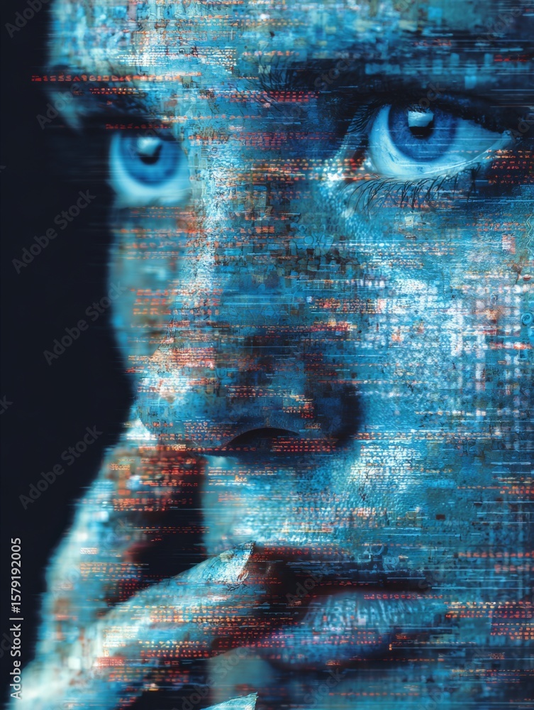 Poster close-up portrait of person with smartphone data stream and augmented reality effects layered on fac