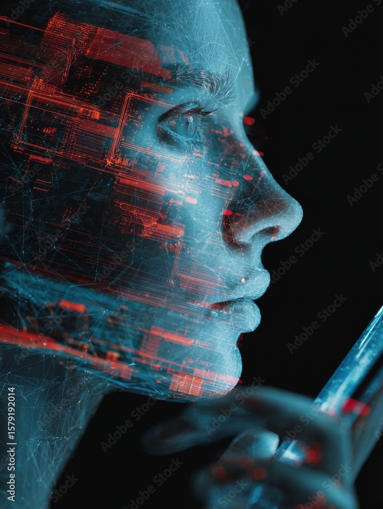 Poster woman's face merging with digital data streams, holding smartphone in augmented reality layers