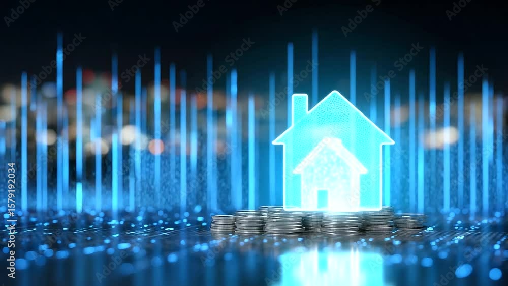 Poster digital art style showing a glowing house icon integrated with layered coins below, futuristic grid 