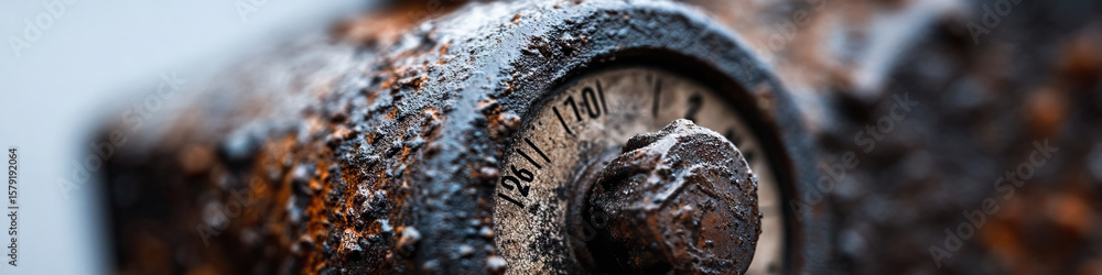 Poster close-up of rusted metallic gauge with corroded knob