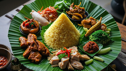top view of traditional Indonesian "nasi tumpeng", cone-shaped yellow rice with assorted side dishes such as chicken, tempeh, sambal, vegetables, arranged beautifully on banana leaf platter