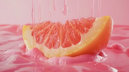 Juicy Grapefruit Segment Dripping with Sweet Liquid on Pink Surface