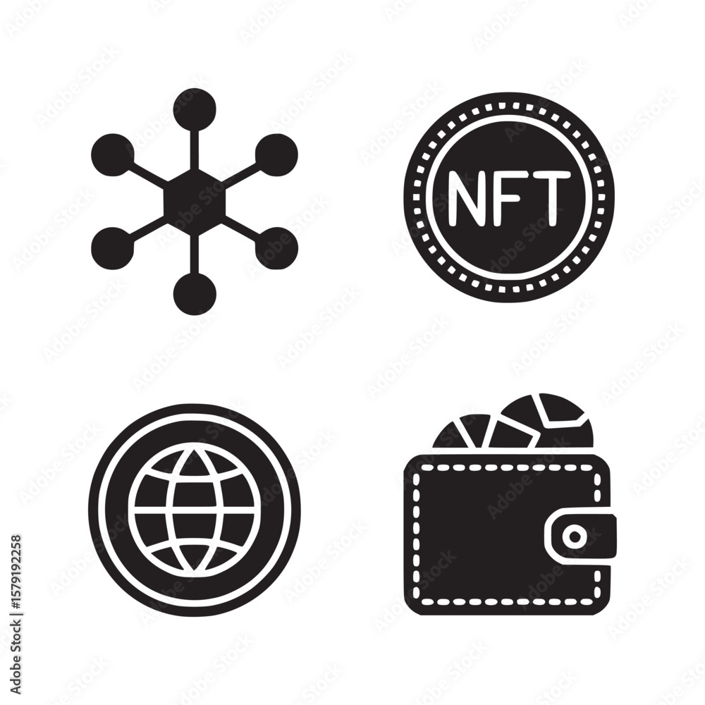 Aufkleber a set of four black and white icons representing network nft globe and wallet with coins inside it
