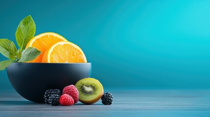 Vibrant Food Photography Brightly colored fruit bowl with vibrant oranges, berries, and kiwi slices, beautifully arranged on a rustic wooden table.