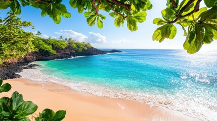 Vibrant Tropical and Exotic Scenic view of a tropical beach with vibrant blue waters, green palm trees, and a cloudless bright sky.