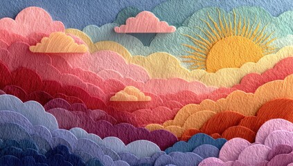 Pastel cut - paper art background with clouds, sun rays and waves for calm and joy, good for cards and digital use.