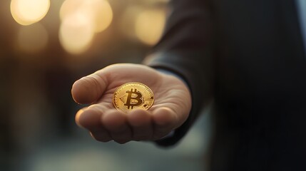 Hand Holding Bitcoin Coin in Businessman Suit with Blurred Background
