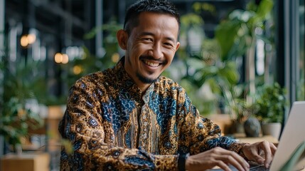 Productive man in colorful batik shirt using laptop for fintech solutions in daylight Image 4K UHD
