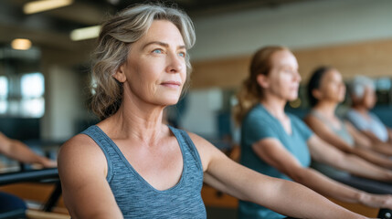Focused mature woman exercising in fitness class, active senior enjoying healthy lifestyle, group workout, determination, wellness, gym