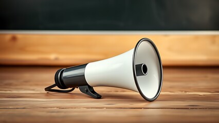 Close-up of a megaphone on wood with blackboard, symbolizing communication and ideas.