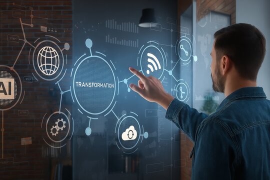 Man interacting with futuristic digital interface, visualizing transformation through AI, cloud, connectivity and global network with brick wall background and denim jacket style.