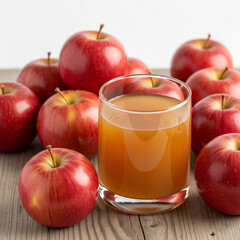 Glass of freshly pressed apple juice accompanied by whole red apples, set on a rustic wooden surface with a dark, moody backdrop. A rich and inviting still life composition copy