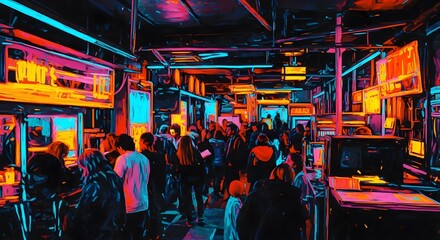 Naklejka premium Vibrant Crowd at a Technological Gathering Dynamic Event with Screens and Active Participants