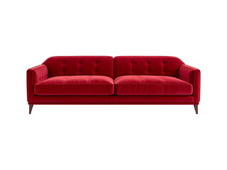 Fototapeta premium Red velvet sofa, vintage style, tufted couch, furniture for living room, comfortable seating. Classic red lounge sofa, cozy.