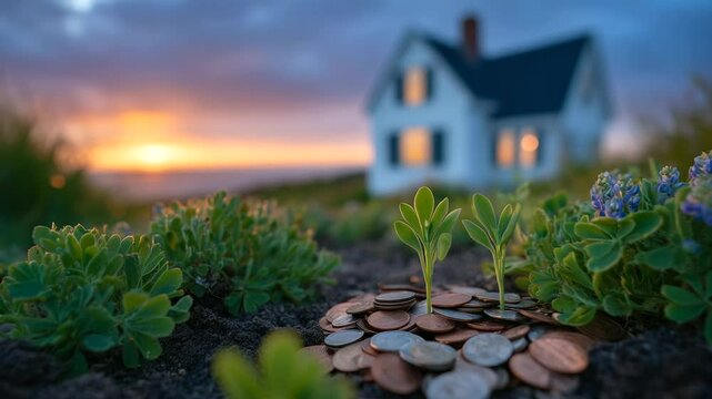 Earthy close-up of fresh sprouts growing among scattered coins, with a small house and setting sun casting a golden glow, evoking the nurturing of savings and investment for a secu