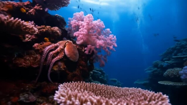 Colorful tropical coral reef ecosystem with soft corals and octopus in crystal-clear underwater ocean scenery
