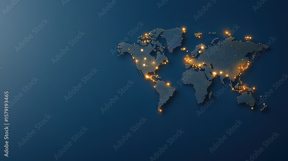 Poster world map global network connection world map with luminous dots and lines, illustrating real time g