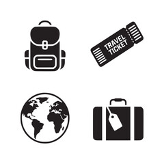 Obraz premium A collection of travel icons featuring a backpack ticket globe and suitcase in black and white style