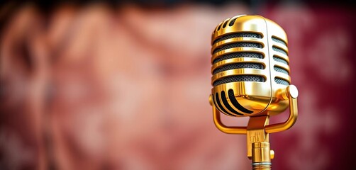 Vintage gold microphone on stand, close-up detail,   still life,   background