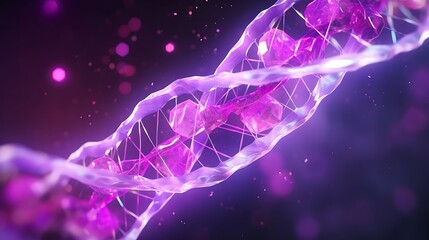 A detailed 3D model of DNA particles forming a twisted helix structure, suspended in a fluid matrix of bioluminescent particles, soft pink and purple lighting creating a surreal atmosphere.