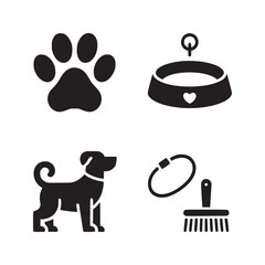 A collection of dog themed icons featuring a paw print, bowl, dog, leash and brush in black and white