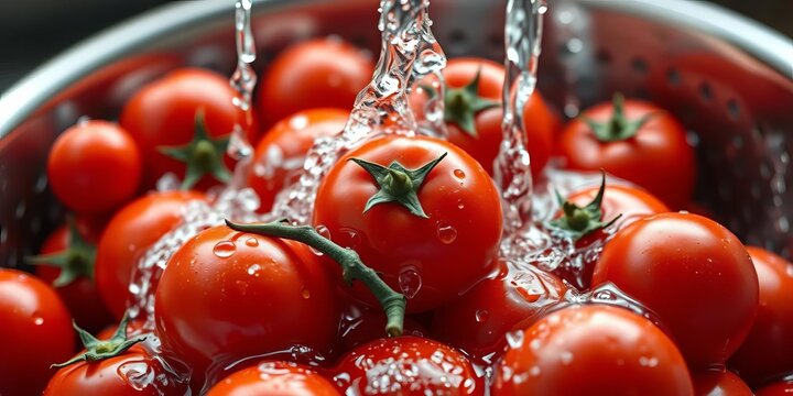 Washing ripe red tomatoes in a colander under running water, vitamins, garden