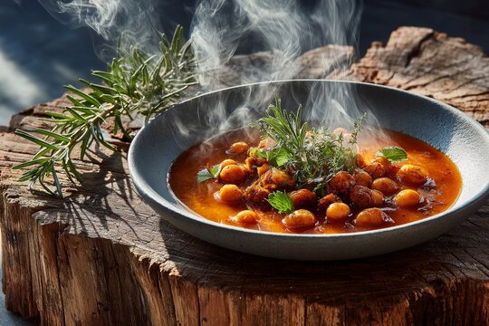 Bowl of coratella alla romana, spiced offal stew, garnished with herbs, placed on wooden stump. Concept of cozy rustic setting highlighting coratella alla romana.